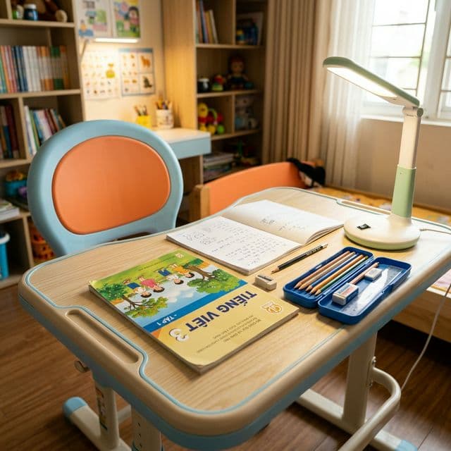 Bàn Học Sinh Đơn Kèm Giá Sách góc 3