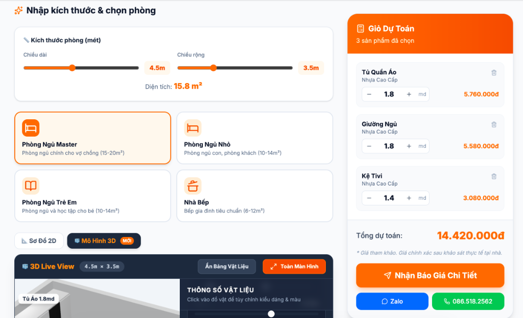 Giao diện nhận kích thước phòng và hiển thị giỏ dự toán